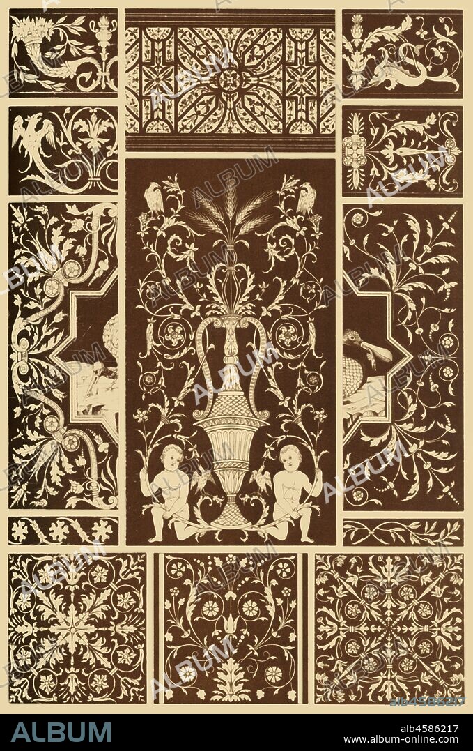 Italian Renaissance wood mosaic, (1898). Fig 1: From the choir-stalls in S. Anastasia at Verona. Fig 2: From the dado of the vestry-shrines in S. Maria in Organo ibid. Figs 3-7: From the choir-stalls ibid.Fig 8: From the choir-stalls in Monte Oliveto maggiore. Figs 9-10: From the choir-stalls in S. Petronio at Bologna. (Ground of the centre-compartments black). Figs 11-13: From the choir-stalls in the Certosa near Pavia. (In Fig 12 ground black)...Wood-carving in general was highly flourishing, as is known, in the Renaissance-period, especially however (in the highest degree) one branch of it, termed Intarsia, i. e. inlaid wood-work, with which stalls, shrines in vestries etc., were most richly decorated...'. Plate 48 from "The Historic Styles of Ornament" translated from the German of H. Dolmetsch. [B.T. Batford, London, 1898].