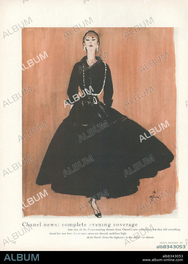 RENé GRUAU. Chanel News: Complete Evening Coverage?, Vogue, December 1, 1954;Offset printing;Modern;1954;France;Private Collection;Fashion, Magazine, Applied Arts, Gown, Dress, Frock, Clothes, Wear, Attire, Clothing, Journal, Gabrielle Chanel, Coco Chanel, Chanel, ;;Genre,;Graphic arts; VG-Bild-Kunst Bonn;.
