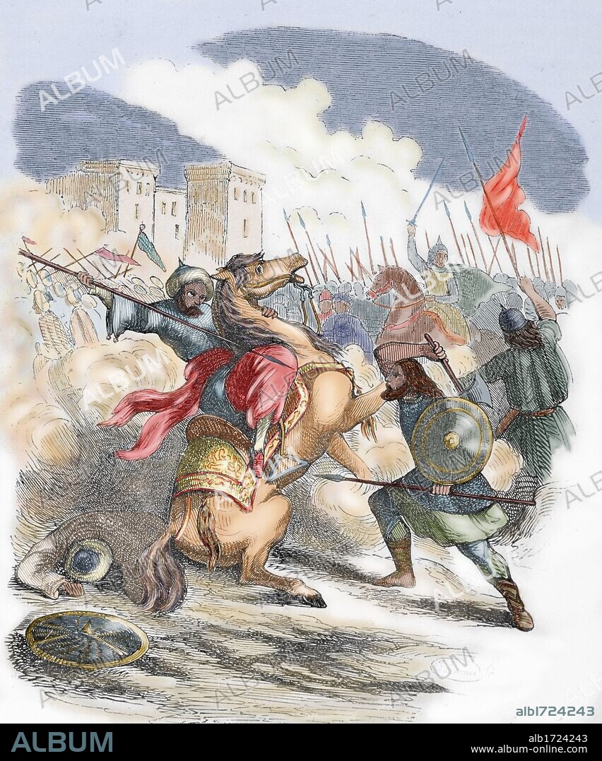 Sancho VII the Strong (1154-1234). King of Navarre (1194-1234). Battle. Colored engraving.
