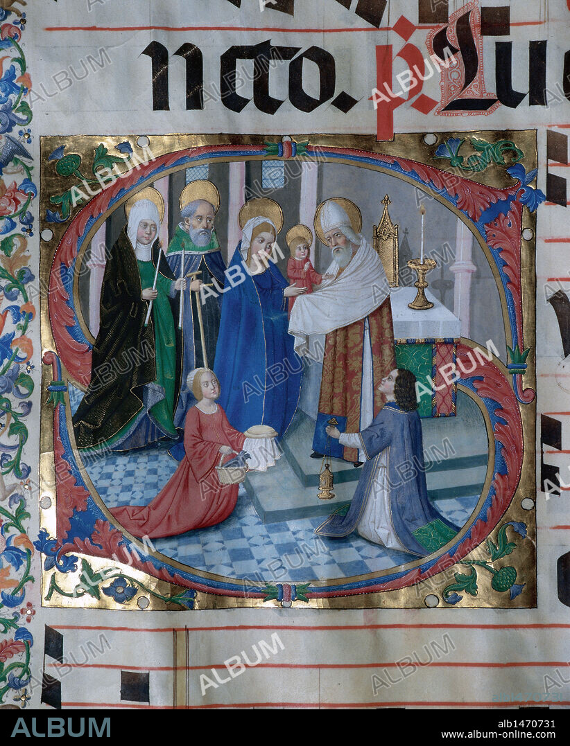MAESTRO DE BURGO DE OSMA. Choirbook number 1. Gregorian chant. 15th. century. Antiphonary By Master of Burgo de Osma. Parchment. The Presentation of Jesus at the Temple. Miniature. Letter S. Spain.