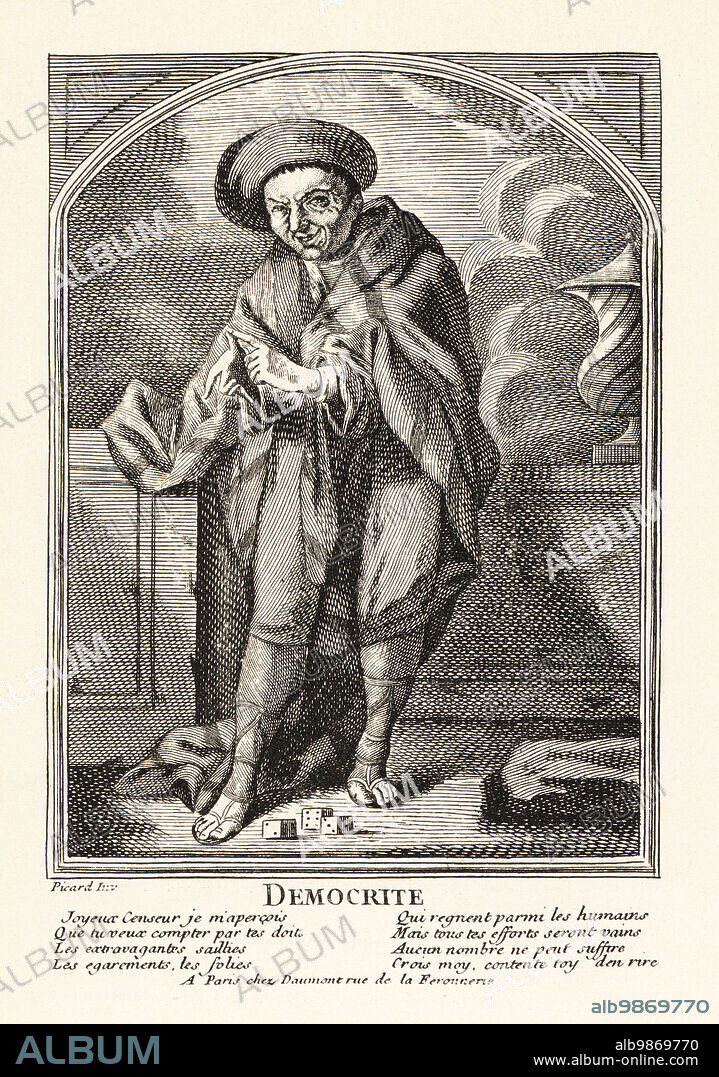 Portrait of Democritus with dice at his feet, 18th century. Ancient Greek philosopher known as the laughing philosopher. Democrite. A Paris chez Daumont, rue de la Feronnerie. Lithograph after Bernard Picard from Henry Rene dAllemagnes Recreations et Passe-Temps, Games and Pastimes, Hachette, Paris, 1906.