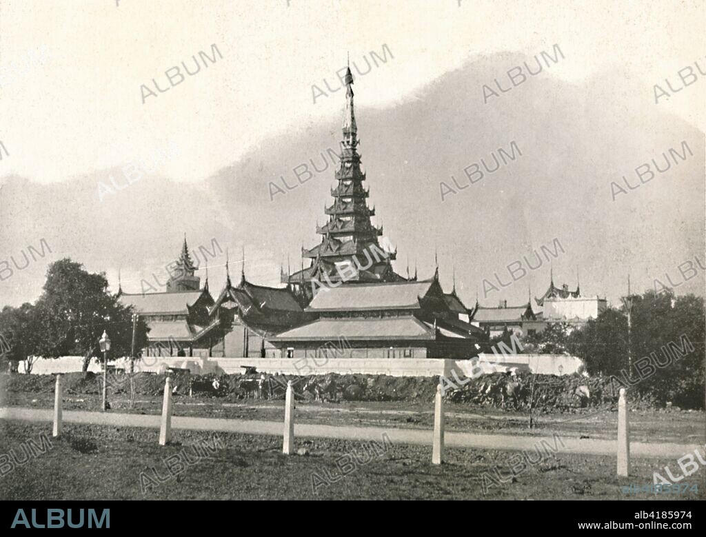 'The Palace, Mandalay', 1900. The palace was constructed, between 1857 and 1859 as part of King Mindon's founding of the new royal capital city of Mandalay. From "Typical Photographs of Burma - Burmese Life and Scenes". [Rowe & Co. Ltd., Rangoon, 1900].