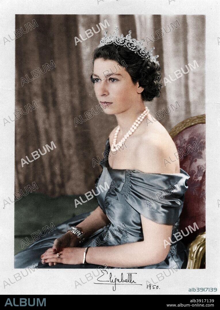 'Elizabeth', 1950. Her Royal Highness The Princess Elizabeth, Duchess of Edinburgh (later HM Queen Elizabeth II), wearing the 'Girls of Great Britain and Ireland Tiara', 1950. (Colorised black and white print).