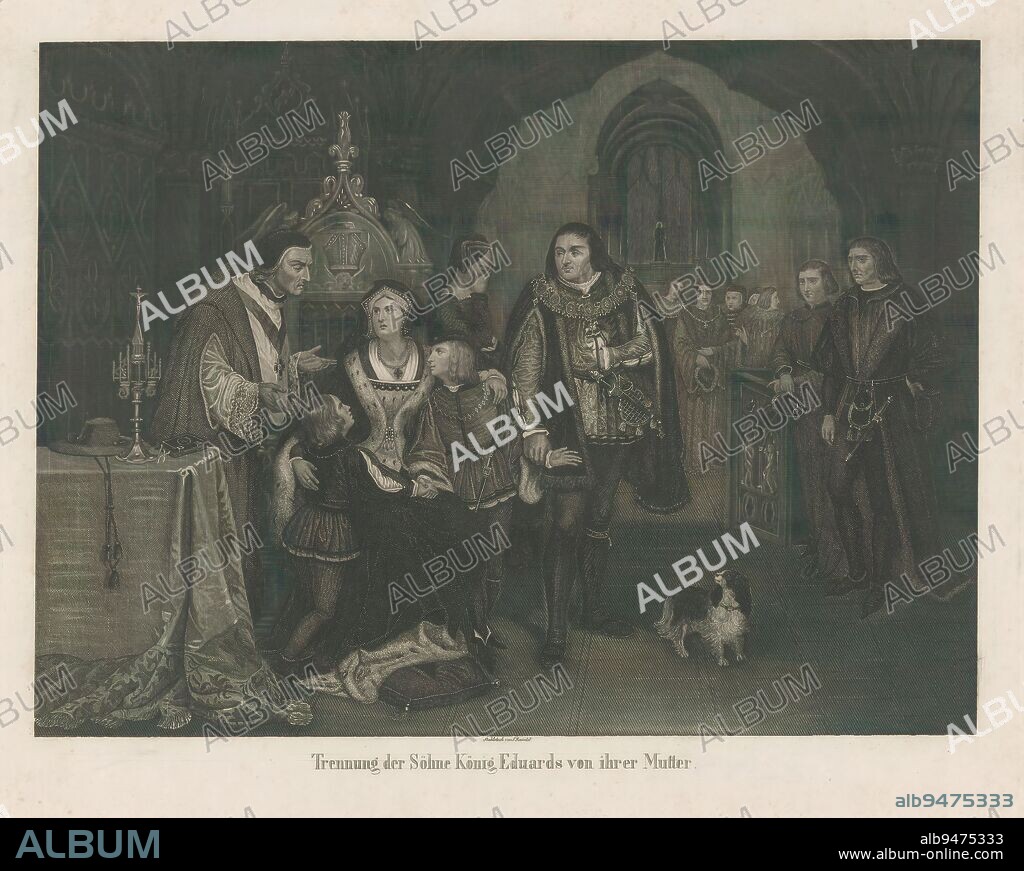 Schooling of the sons of King Edward IV of England after the death of their father, 1483, Trennung der Söhne König Eduards von ihrer Mutter (title on object), Queen Mother Elizabeth Woodville gives schooling to her two sons, after the death of her husband, King Edward IV of England, July 1483., print maker: Friedrich Randel, (mentioned on object), Germany, 1816 - 1886, paper, steel engraving, height 310 mm × width 403 mm.