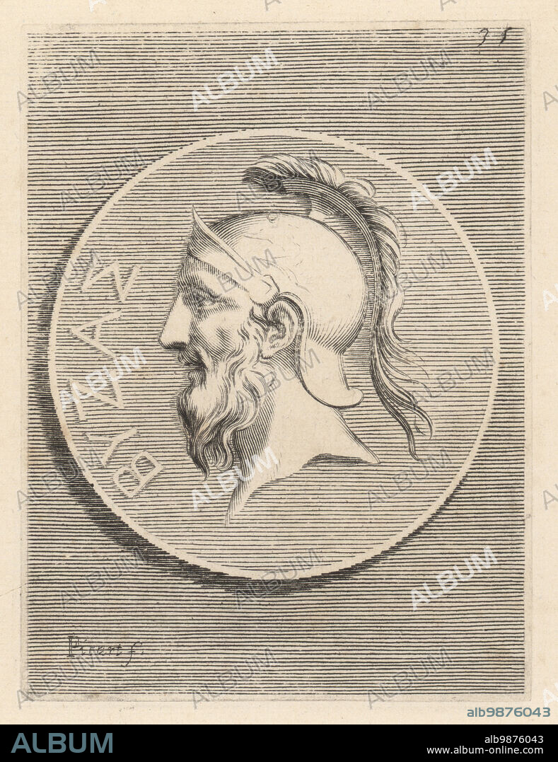 Byzas, legendary founder of Byzantium or Byzantion, the city later known as Constantinople and then Istanbul. From a bronze coin with a head of a bearded man in a crested hermet. Biza. Copperplate engraving by Etienne Picart after Giovanni Angelo Canini from Iconografia, cioe disegni d'imagini de famosissimi monarchi, regi, filososi, poeti ed oratori dell' Antichita, Drawings of images of famous monarchs, kings, philosophers, poets and orators of Antiquity, Ignatio deLazari, Rome, 1699.