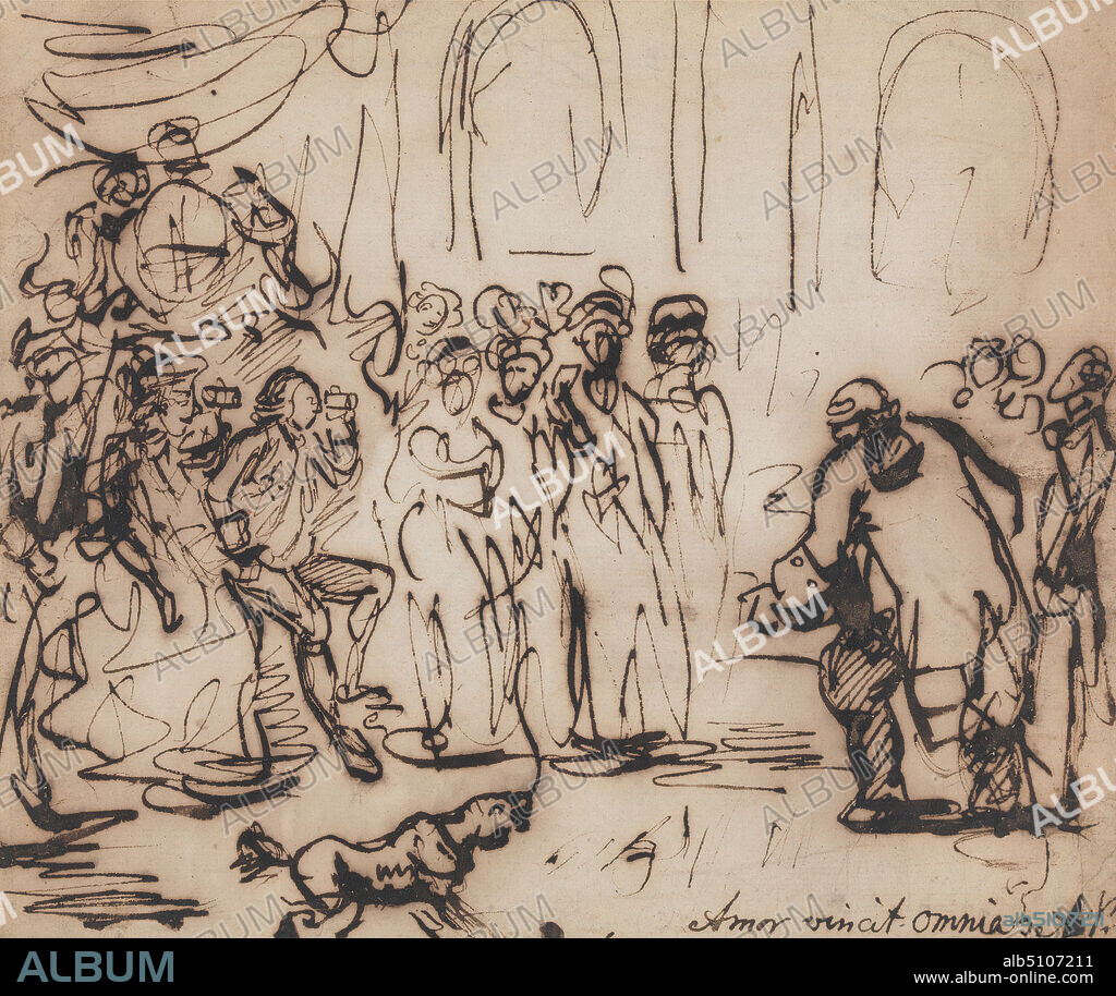Caricature of the Introduction of the Duke of Württemberg (afterwards King Frederick I) to George III and Queen Charlotte previous to his Marriage with Charlotte, Princess Royal of England, Anthony Pasquin, 17631818, British, undated, Pen and brown ink on medium, slightly textured, cream wove paper, Sheet: 7 3/8 × 8 3/4 inches (18.7 × 22.2 cm), caricature, historical subject.