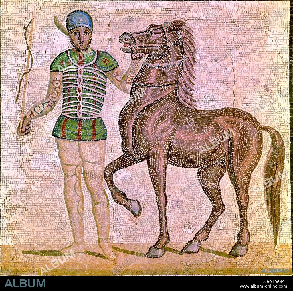 Roman Mosaic:The racing colours. Located in: Museo delle Terme, Rome. The History of Horse Racing by Roger Longrigg, page 18.  Chariot Coachman and Horse. This mosaic depicts a coachman who drove horses in the chariot races held in the amphitheatres of ancient Rome.