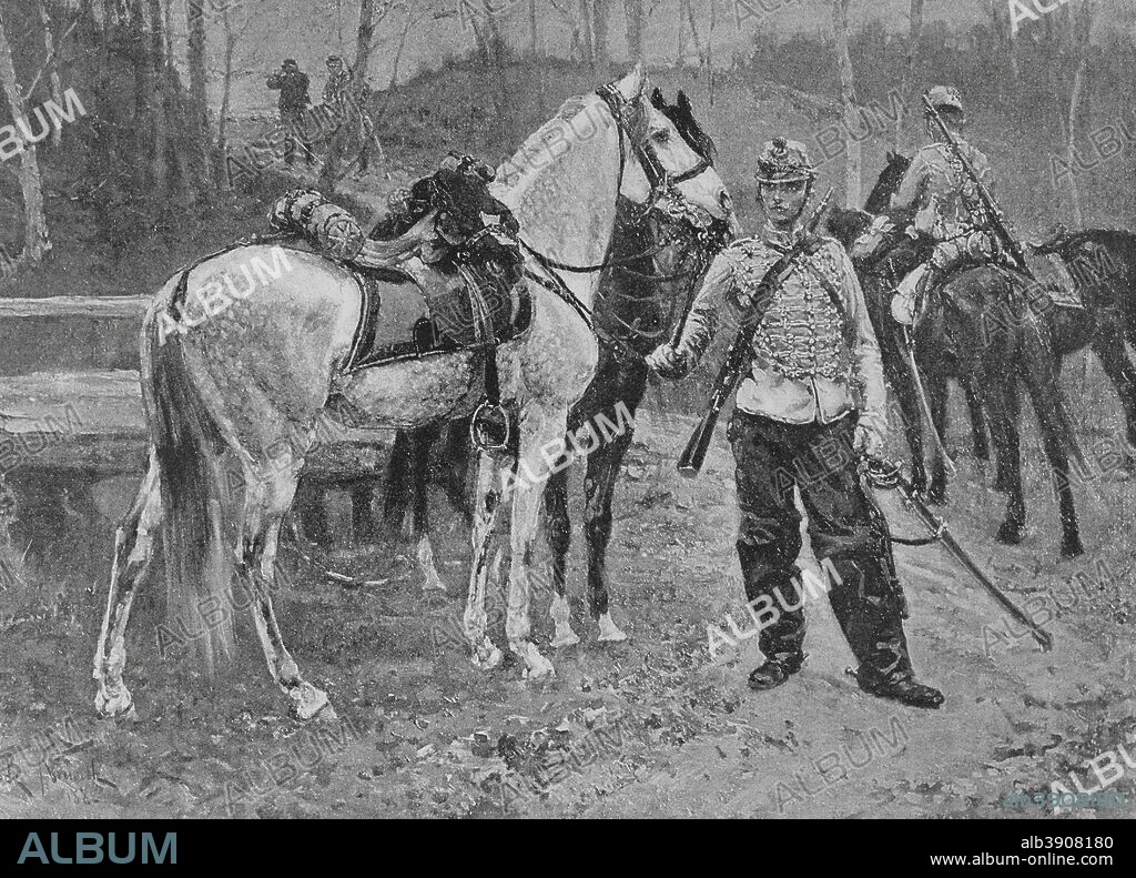 Guerra Franco-Prusiana (1870-1871). Húsares. Grabado. Original por Alphonse Marie de Neuville (1835-1885). En Campagne, por Jules Richard. Obra editada en París en 1885. Biblioteca Histórico Militar de Barcelona. Cataluña. España.