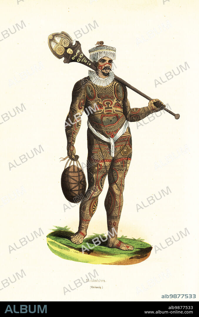 Tattooed warrior of Nuku Hiva, Marquesas Islands (Nukahiwa). Noukahiwa (Oceanie). Standing portrait of a warrior with his body entirely tattooed. He wears a narrow loin cloth, a headdress incorporating teeth, and a bone necklace. He carries a gourd and a long-handled broad-bladed club whose decoration includes a face. The same motif is tattooed on his thighs. Copied from a portrait in Captain A.J. von Krusensterns Voyage Around the World, 1813. Handcoloured woodcut by Pannemaker and Lisbet after an illustration by Wilhelm Gottlieb Tilesius von Tilenau from Auguste Wahlen's Moeurs, Usages et Costumes de tous les Peuples du Monde, (Manners, Customs and Costumes of all the People of the World) Librairie Historique-Artistique, Brussels, 1845.