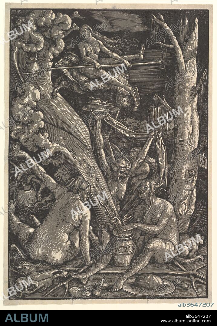 The Witches. Artist: Hans Baldung (called Hans Baldung Grien) (German, Schwäbisch Gmünd (?) 1484/85-1545 Strasbourg (Strassburg)). Dimensions: Sheet: 15 5/16 × 10 5/8 in. (38.9 × 27 cm). Date: 1510.
A masterpiece of German chiaroscuro, this woodcut is one of Hans Baldung Grien's best known prints, produced soon after his move to Strasbourg from Nuremberg, where he had worked as a journeyman with Albrecht Dürer from about 1503 to 1507. Although Baldung was not the inventor of the chiaroscuro woodcut--the credit for this must go to Hans Burgkmair--he was among the very earliest and most effective practitioners of the medium.
The tone block for this woodcut is sometimes printed in an orange-brown, casting a hellish glow onto the scene; here the use of a gray tone block creates an atmosphere of nocturnal gloom from which the three witches emerge, gathered around the steaming cauldron of "flying unguent." The flickering highlights, where the white of the paper is exposed, give three-dimensional presence to forms that would otherwise be engulfed by the dark setting and, by continuing the modeling of the dark hatching strokes, powerfully define the volumes of the monumental nudes, the blasted tree, and the solid coils of steam that support the witches as they ascend in the night air.
The interest in witchcraft in the German-speaking countries was especially strong at the beginning of the sixteenth century, heralded by the publication in 1487 of the Malleus Maleficarum (The Witches' Hammer) by Heinrich Kramer and Jacob Sprenger, which was reprinted fourteen times before 1520.