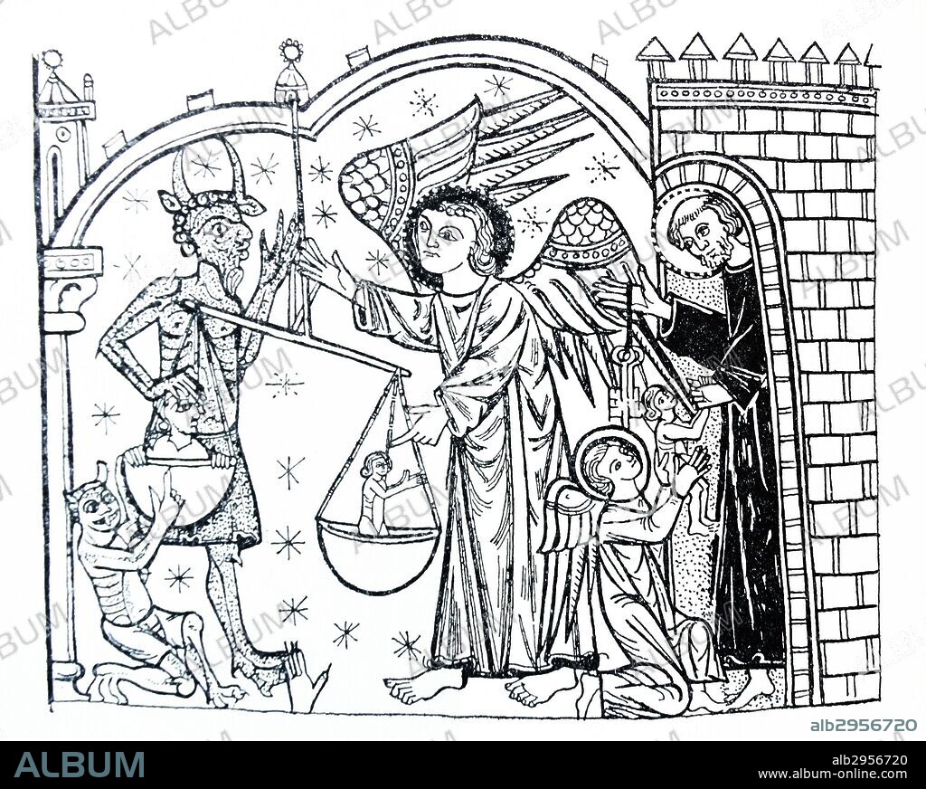 Line drawing depicting the weighing of souls. The soul is saved despite the cheating demons who are depicted pushing down the scales and safely delivered to St Peter at the gates of paradise. Dated 13th Century.