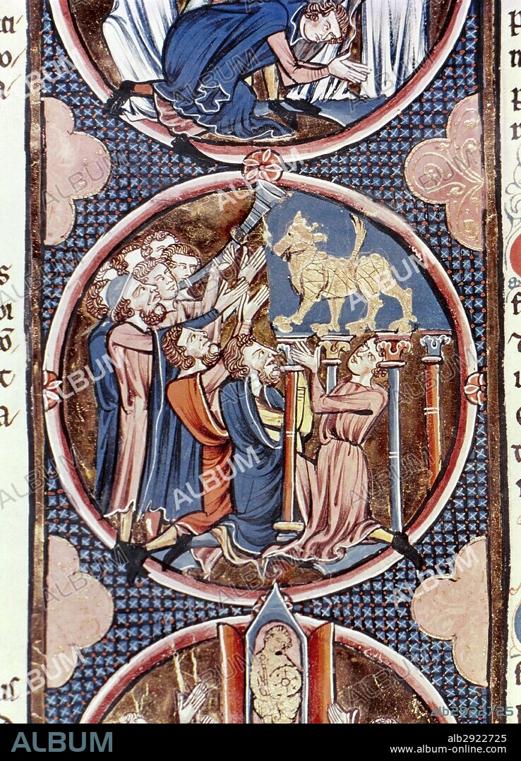 "PUEBLO DE ISRAEL ADORANDO AL BECERRO DE ORO como a un nuevo Dios, mientras Moisés se encontraba en el Monte recibiendo de Dios (Yahvé) las TABLAS DE LA LEY". EXODO, capítulo XXXII. Miniatura de la Biblia de San Luis (siglo XIII) .