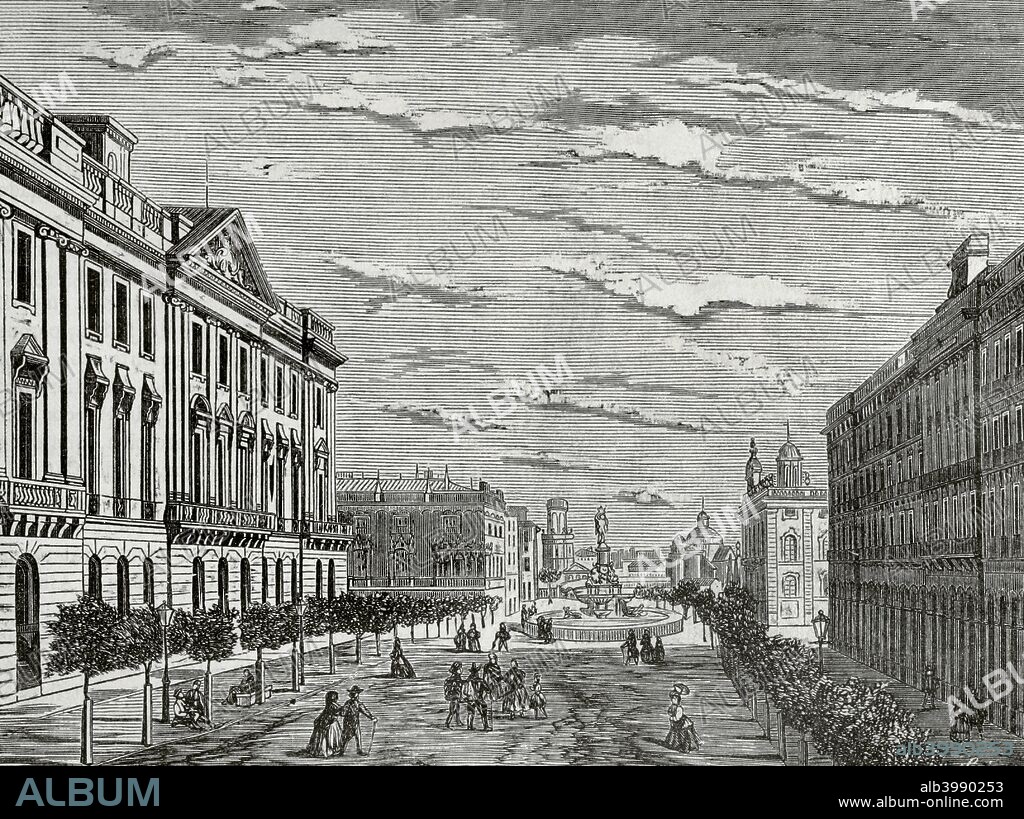 Spain, Catalonia, Barcelona. Panoramic of the square called La Plaza de Palacio (Palace Square) or Pla de Palau. Cronica General de Espa–a, Historia Ilustrada y Descriptiva de sus Provincias. Catalonia. 1866.