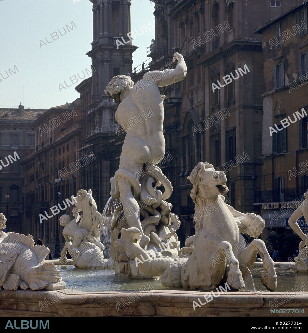 GIACOMO DELLA PORTA (1540-1602). FUENTE DE NEPTUNO DE LA PLAZA NAVONA, LA FIGURA CENTRAL SE AÑADIO EN EL SIGLO XVIII - FOTO AÑOS 60.