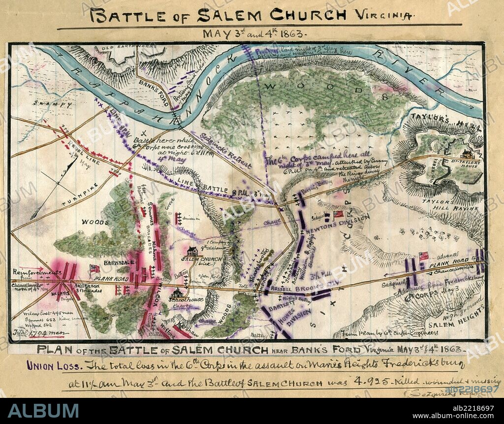 Battle of Salem Church near Bank's Ford, Virginia : May 3rd & 4th 1863; a series depicting the Chancellorsville Campaign, this map gives details of the area around Salem Church, where Union Gen. Sedgwick's forces, en route from Fredericksburg to reinforce Hooker near Chancellorsville, met Confederate opposition under Wilcox. Lee's quick assessment of the potential of the situation led him to redeploy his forces in the hope of destroying Sedgwick's corps. While prevented from joining Hooker, Sedgwick was successful in holding his line and in withdrawing his corps to the northwest, crossing the Rappahannock River near Banks' Ford.