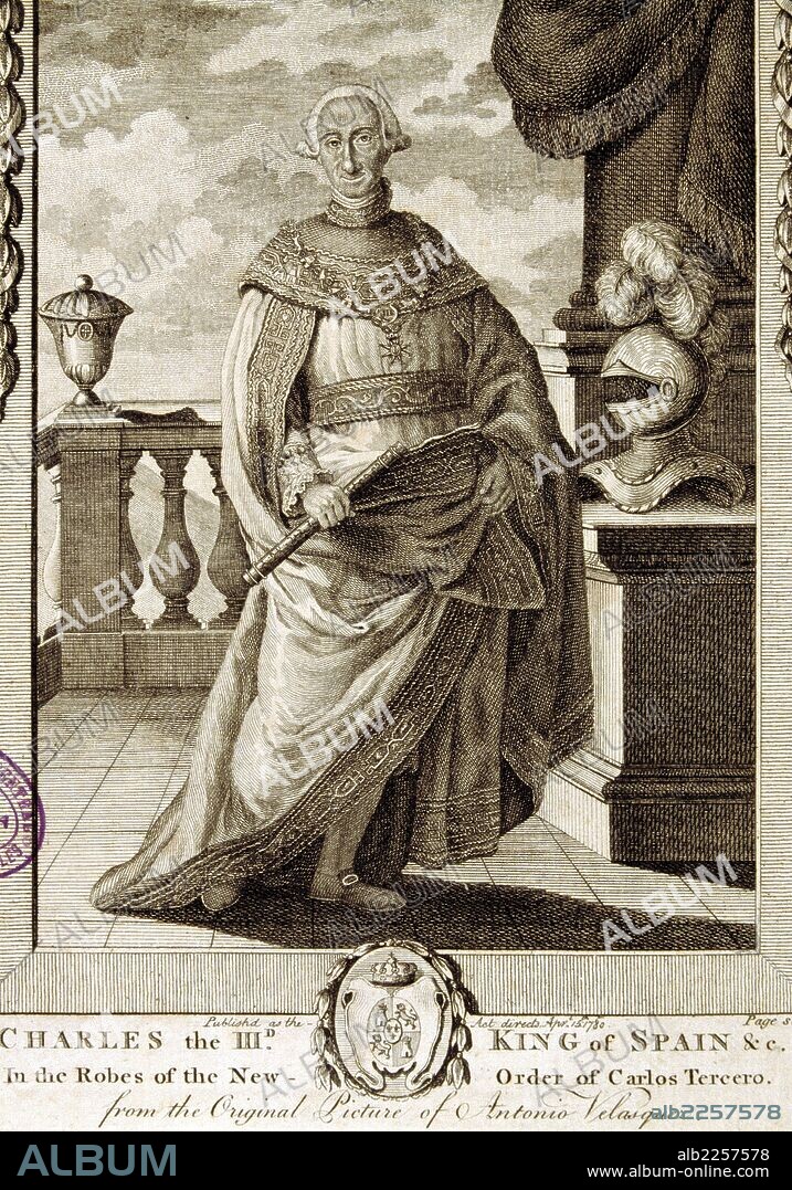 CARLOS III. REY DE ESPAÑA.1716 - 1788. GRABADO INGLES SOBRE UN RETRATO DE A. VELAZQUEZ. BIBLIOTECA DEL JARDIN BOTANICO. MADRID.