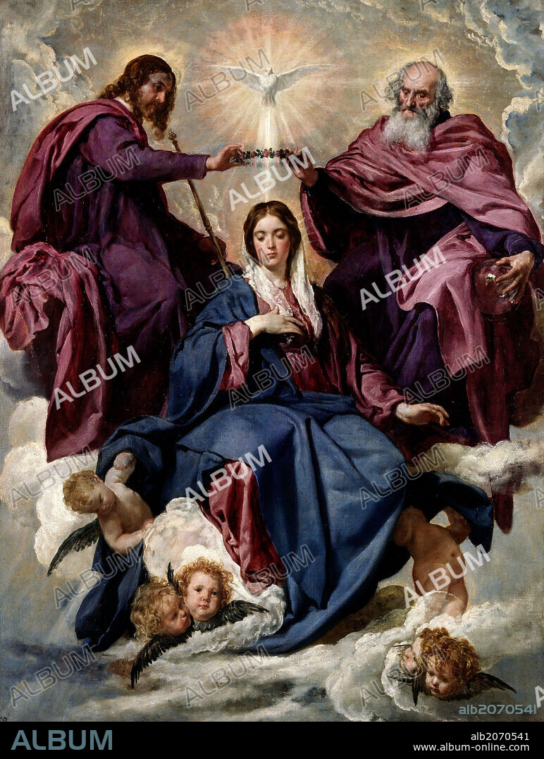 DIEGO VELÁZQUEZ. Diego Rodríguez de Silva y Velázquez / 'The Coronation of the Virgin', ca. 1635, Spanish School, Oil on canvas, 176 cm x 124 cm, P01168.