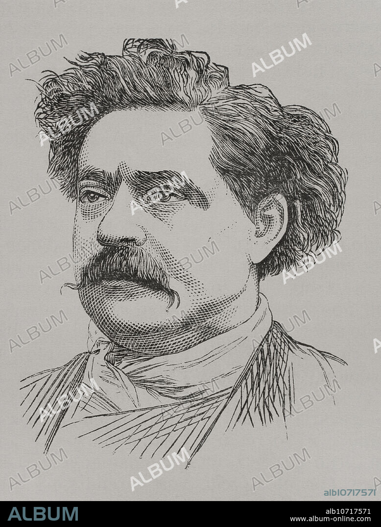 Frédéric Cournet (Frédéric Etienne Cournet) (1837-1885). Periodista francés que trabajó en el periódico "Le Réveil". Participó en la defensa de París durante la guerra franco-prusiana (1870-1871) al mando de un batallón de la Guardia Nacional. Miembro de la Comuna de París en marzo de 1871. Tras el fín de la Comuna huyó a Gran Bretaña siendo condenado a muerte. En noviembre de 1871 fue elegido miembro del Consejo General de la Primera Internacional. Tras la amnistía de 1880 Cournet regresó a Francia, convirtiéndose en uno de los líderes de los blanquistas en Lyon y París y retomó el periodismo. Retrato. Grabado. "Historia de la Guerra de Francia y Prusia". Tomo II. Publicado en Barcelona, 1871.