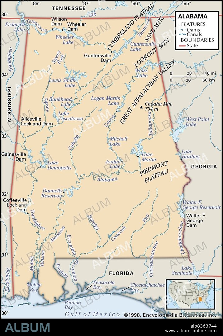 Physical map of Alabama.