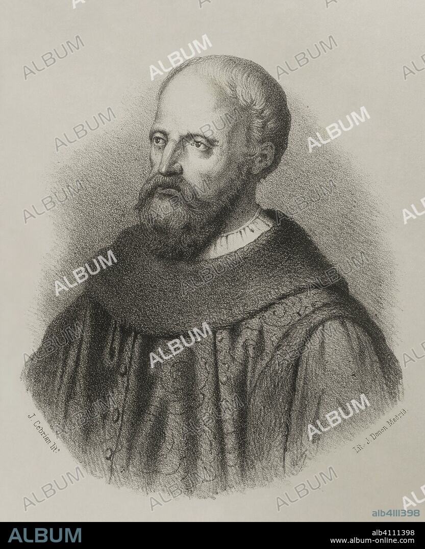 Ruy González de Clavijo (fallecido en 1412). Embajador del rey Enrique III de Castilla, quien le encomendó una embajada ante la corte de Tamerlán, para aliarse contra los otomanos. Dibujo de J. Cebrian. Litografía. Crónica General de España, Historia Ilustrada y Descriptiva de sus Provincias. Castilla-La Nueva, 1869. Biblioteca Histórico Militar de Barcelona, Cataluña, España.