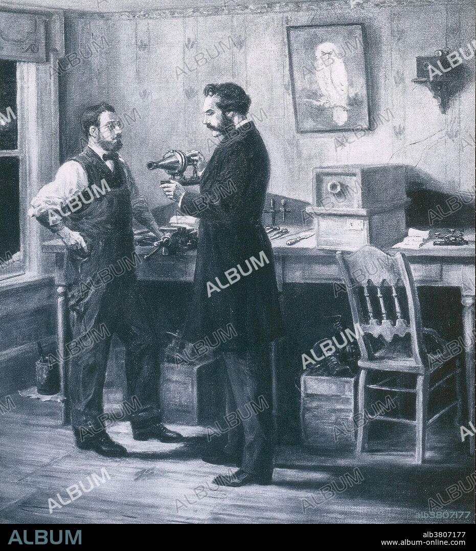 Alexander Graham Bell (March 3, 1847 - August 2, 1922) was a Scottish-American speech therapist and inventor of the telephone. Bell followed his father and grandfather into the speech therapy profession, but also studied sound waves and the mechanics of speech. By 1871, he had moved to the USA, becoming professor of vodal physiology in Boston. There he performed his experiments in converting sound waves into electrical impulses for transmission down wires. In 1876, he patented the telephone and founded what has become the AT&T company. In later years he made many improvements to the telephone, worked with Langley and Curtis on flying machines, and founded the journal "Science." He died of complications arising from diabetes in 1922 at the age of 75. His coffin was constructed of Beinn Bhreagh pine by his laboratory staff, lined with the same red silk fabric used in his tetrahedral kite experiments. No artist credited, undated.