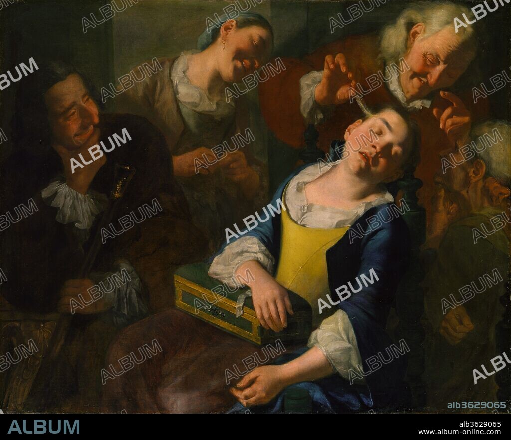 Teasing a Sleeping Girl. Artist: Gaspare Traversi (Italian, Neapolitan, ca. 1722-1770). Dimensions: 34 1/8 x 42 3/8 in. (86.7 x 107.6 cm). Date: ca. 1760.
Little is known of Traversi's career, but he was unquestionably the leading genre painter in eighteenth-century Naples. His pictures parodying the pastimes of the noble classes are particularly striking for their emphatic naturalism and biting wit. In this work an old woman tickles a young girl who has fallen asleep with her box of keepsakes on her lap.