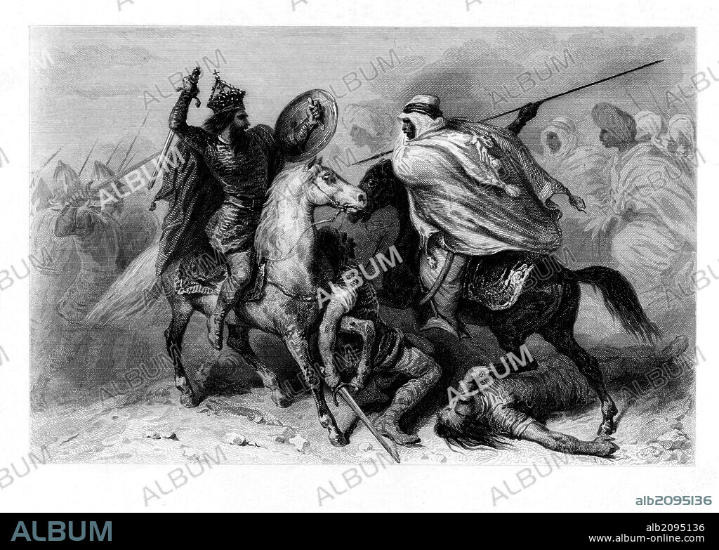 España. Batalla de Guadalete. Derrota de los visigodos y muerte del rey Rodrigo por los musulmanes de Tarik ibn Ziyad. Año 711.