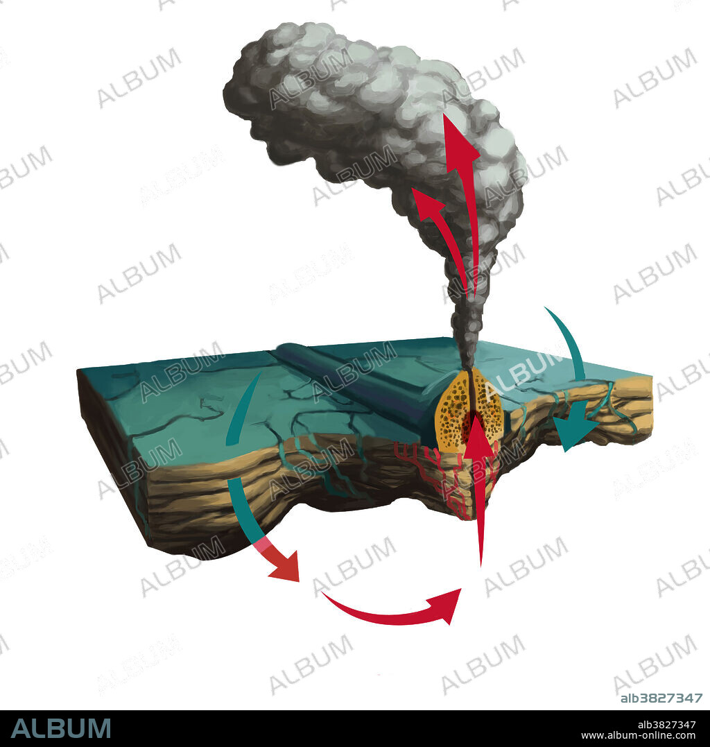 Simplified diagram of hydrothermal circulation in an ocean vent. Cool ocean water is drawn into the hydrothermal system through faults or cracks in the ocean floor. The water is heated by the magma beneath, rising as it gets hotter; the temperature may reach 400 Celsius.