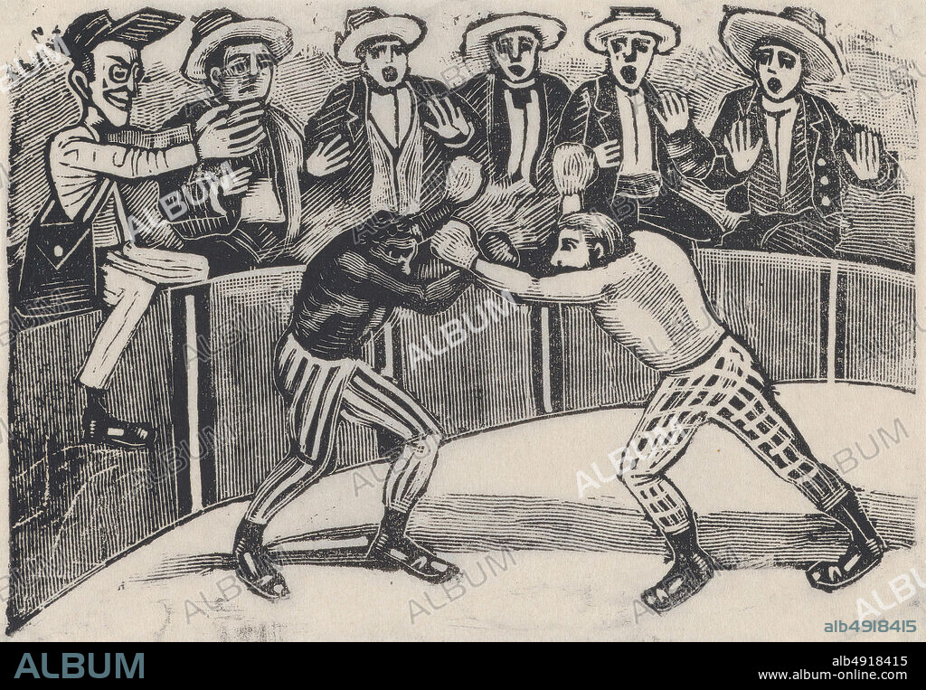 José Guadalupe Posada, Don Chepito witnessing a boxing match between two men (one black, the other white), José Guadalupe Posada (Mexican, 18511913), ca. 18911910, Etching on zinc, Sheet: 3 1/4 × 4 13/16 in. (8.3 × 12.2 cm), Prints.