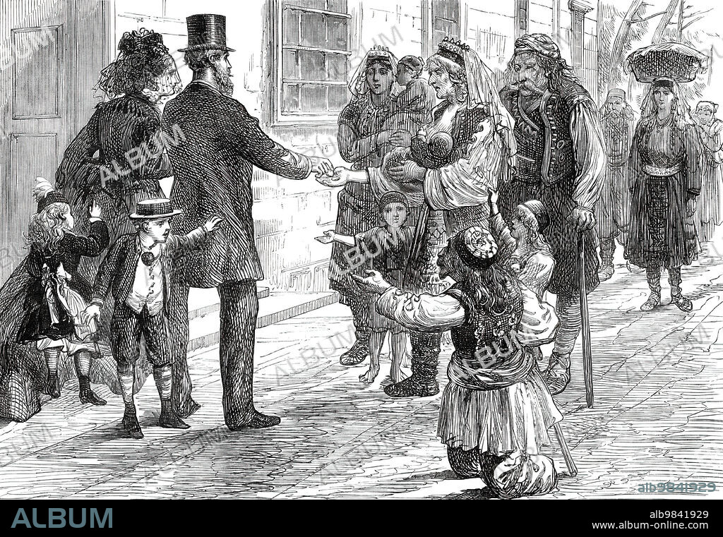 The War in the Herzegovina: Refugees begging outside an hotel at Ragusa [Dubrovnik], 1876. 'The Delegations of Austria and Hungary were opened on Monday. The Austrian Delegation unanimously elected Dr. Rechbauer as its President, and upon assuming the chair he made a long speech on political subjects. The common estimates for 1877, together with a supplementary vote for the army and navy, and the final accounts for 1874, as well as the supplementary votes for the relief afforded to the refugees from Bosnia and the Herzegovina, were submitted by the Government. Count Izlavy was elected President of the Hungarian Delegation. The measures laid before that body were the same as those submitted to the Austrian Delegation'. From "Illustrated London News", 1876.