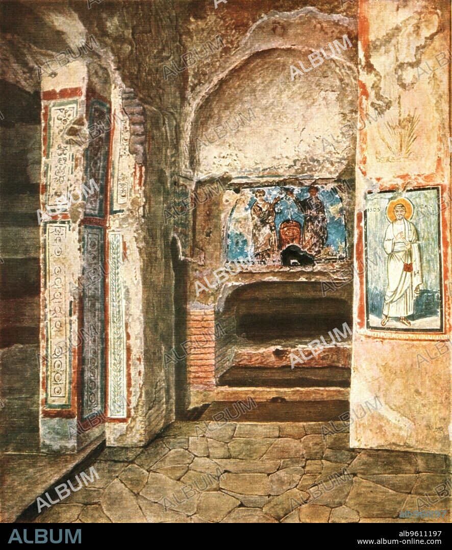 The burial-chapel of SS. Felix and Adauctus in the Catacombs of Commodilla, Rome, Italy, (1928). '4th and 7th Century...In the background the tomb of St. Felix, over it the two martyrs; between them, above, the monogram of Christ, below a shrine with sacred parchments. From the times of Damasus (366-384) and Siricius (384-398)...On right of St. Felix' tomb St. Luke with an inscription: "Sub Tempora Constantino Augusto Nostro Factum Est." [Wilpert] states that this inscription refers to the Emperor Constantine IV, Pogonatus (668-685)'. After Joseph Wilpert. Plate XLVIII, fig 106, from "An Encyclopaedia of Colour Decoration from the Earliest Times to the Middle of the XIXth Century" with explanatory text by Helmuth Bossert. [Ernst Wasmuth Ltd., Berlin, 1928].