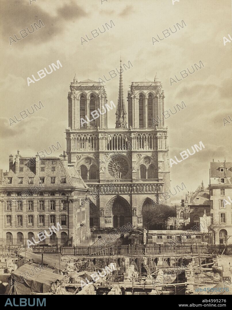 Notre Dame de Paris, early 1860s. A successful commercial photographer, Soulier operated in partnerships initially with A. Clouzard and then with Claude-Marie Ferrier and his son, A. Ferrier. Soulier was admired for his naturalistic architectural and urban views of Paris. In this imposing frontal view of the front façade of Notre Dame, his skill at rendering great architectural monuments and placing them into the context of their urban environment is beautifully realized. Photographed in bright sunlight, the warmly toned photograph is filled with visual, textural, and incidental information. This engaging mid-century photograph is an early record of the cathedral?s surrounding neighborhood, bustling with human activity.