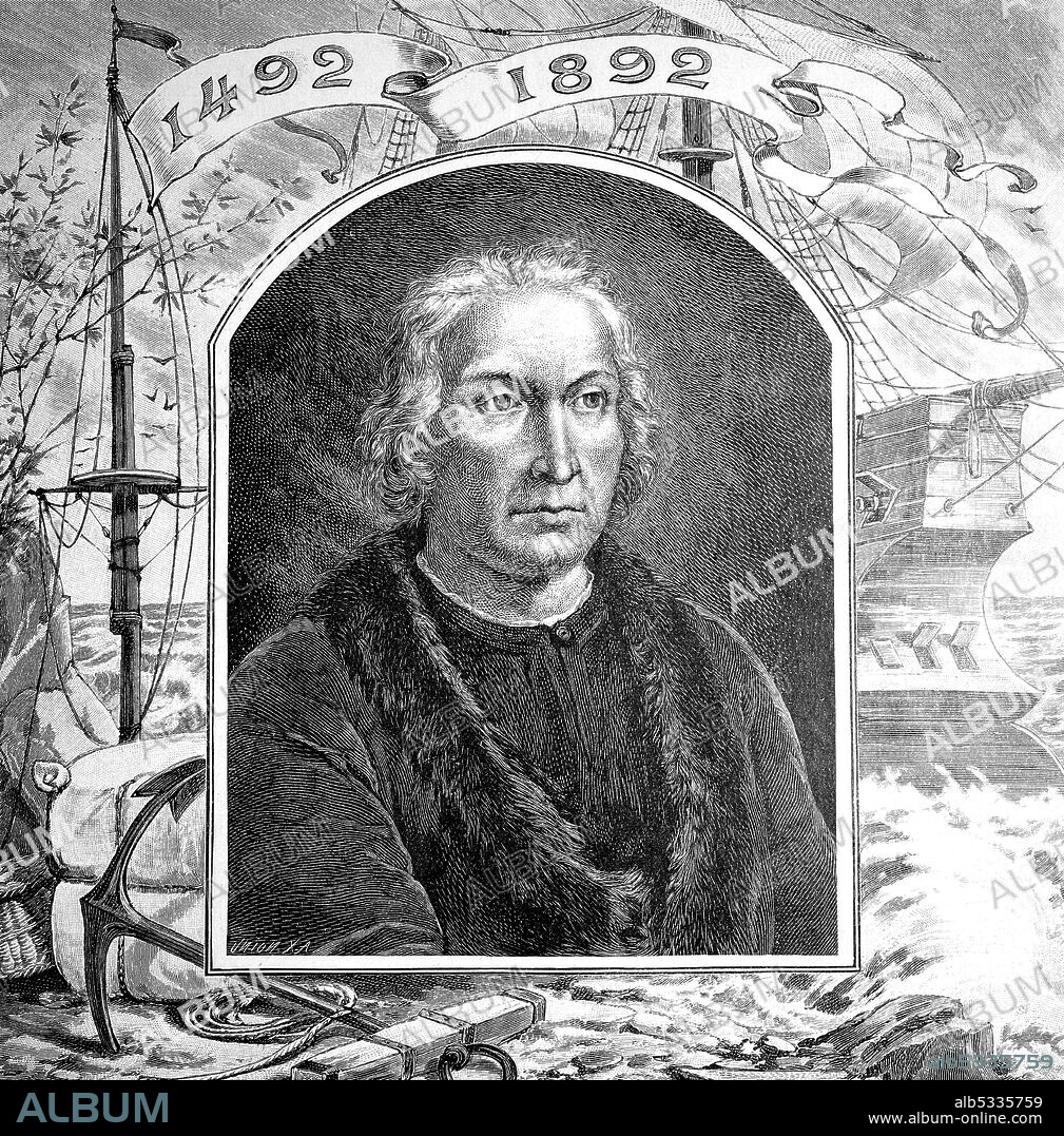 Christopher Columbus, 31 October 1451 - 20 May 1506, Italian explorer and navigator who completed four voyages across the Atlantic Ocean, opening the way for European exploration and colonization of the America  /  Christoph Kolumbus,  Cristoforo Colombo, 1451 -† 20. Mai 1506, italienischer Seefahrer in kastilischen Diensten, der im Jahr 1492 Amerika entdeckte, Historisch, historical, digital improved reproduction of an original from the 19th century / digitale Reproduktion einer Originalvorlage aus dem 19. Jahrhundert,.