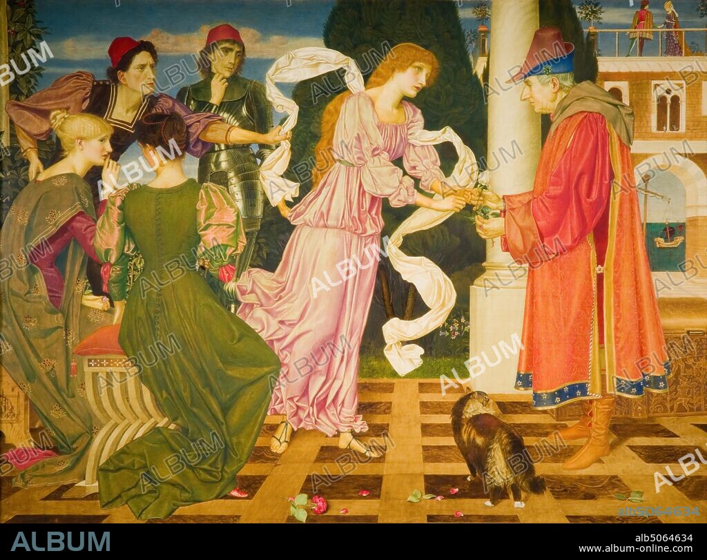 Beauty Receiving the White Rose from her Father, 1899 By Joseph Edward Southall Much of Southall's work was inspired by the story of Beauty and the Beast., Oil Painting, Flower, Rose, Pre-Raphaelite, Folklore.