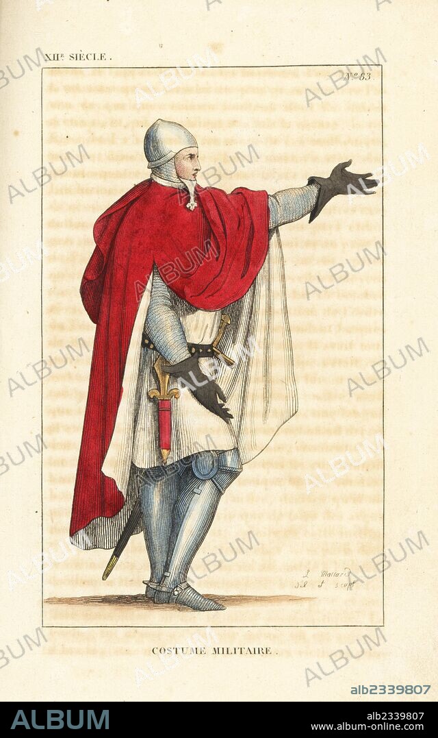 Military costume, 12th century. Knight in red cape, white tunic, over chainmail suit of armour and plate greaves, spurs and gauntlets. His arms include sword and dagger. His "nasal" helmet features a chainmail gorgerin and a strip of leather and armour to protect the nose. Handcoloured copperplate drawn and engraved by Leopold Massard from "French Costumes from King Clovis to Our Days," Massard, Mifliez, Paris, 1834.