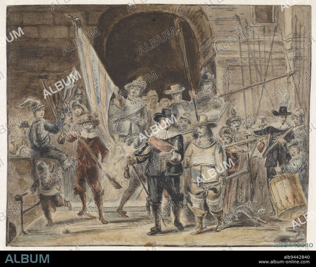 The Night Watch, draughtsman: Johannes Dyserinck, after: Rembrandt van Rijn, 1845 - 1912, paper, brush, h 147 mm × w 183 mm.