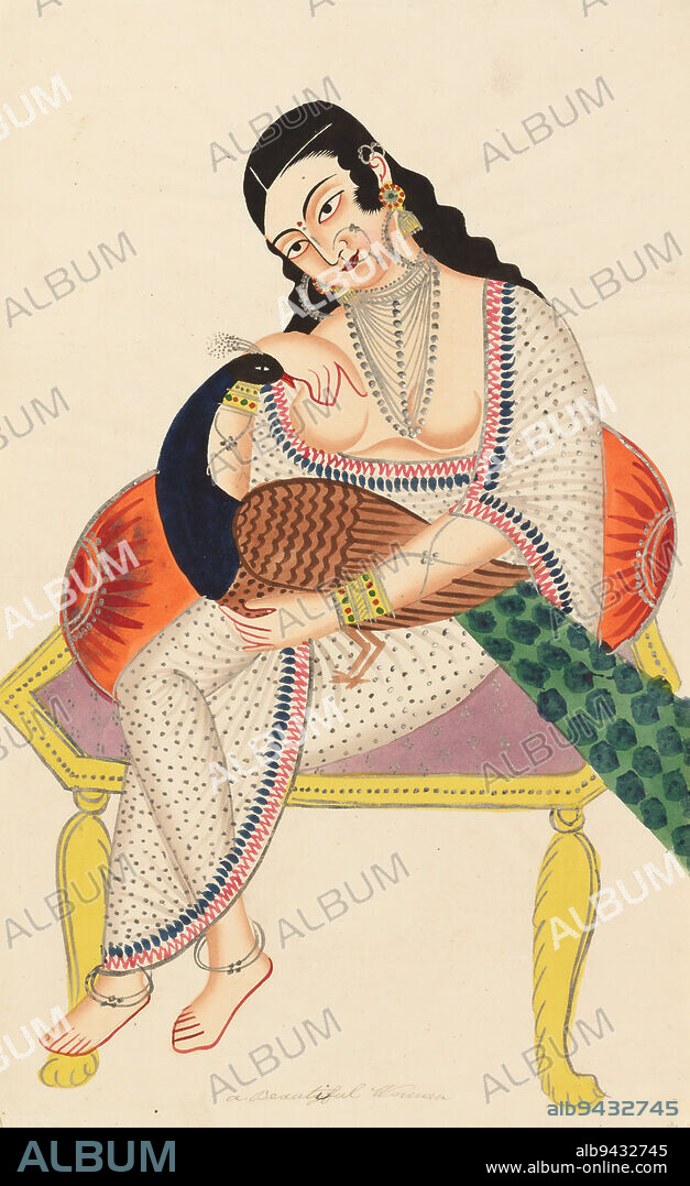 Heroine with Peacock, 19th century, 17 11/16 x 11 in. (45 x 28 cm), Watercolor on paper, India, 19th century, This alluring and voluptuous woman represents a nayika, or a woman in love, a common theme in medieval Indian literature and seventeenth and eighteenth century manuscript painting. The peacock she holds on her lap is a trope from Indian painting, a metaphor for the longing she feels for her absent lover. Her fancy white dotted sari, with a red and blue border, slips down to reveal her full breasts, a pose doubtlessly intended to titillate the viewer.