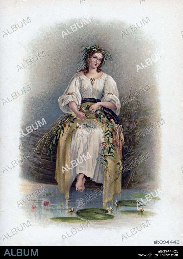 'Ophelia', 1891. The heroine from Hamlet. A colour lithograph from Shakespeare's Heroes and Heroines after Sir A Callcott, C R Leslie, D Maclise, A Redgrave, S Hart & C, published by Raphael Tuck & Sons, (London, 1891).