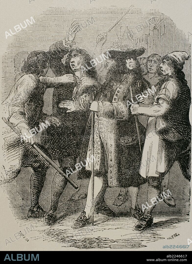 JOHN LAW (1671-1729). Economista escocés, inventor del papel moneda. Tras la impresión en Francia de tres mil millones de libras en papel moneda se produjo una gran inflación. Provocando un gran mal estar social. "El Regente, Duque de Orleans, salvando a Law del descontento del pueblo". Grabado.