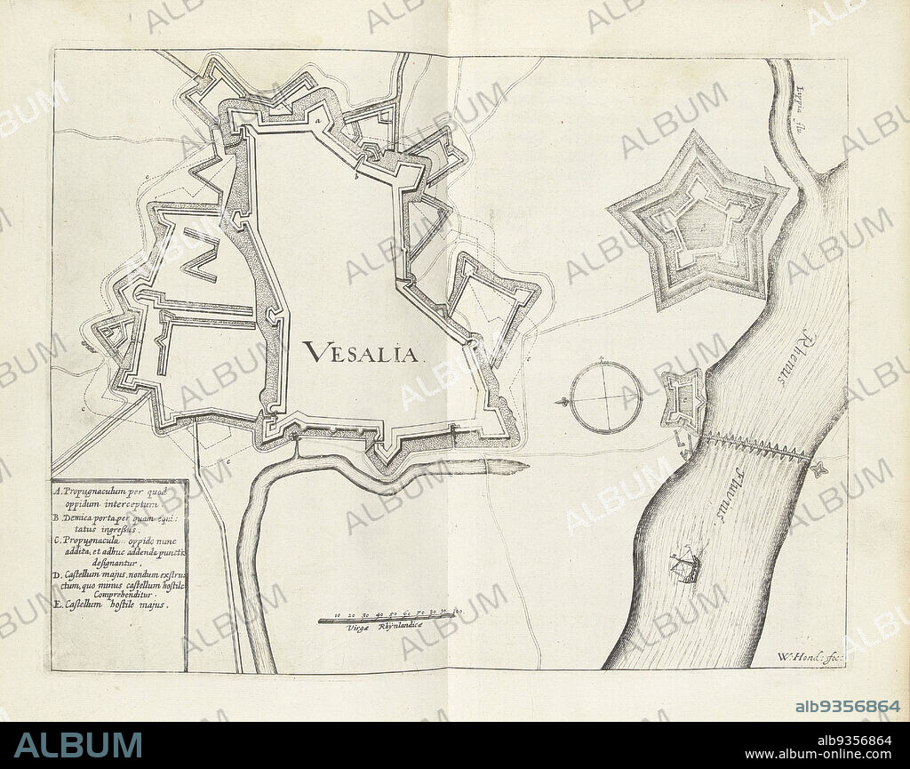 Map of Wesel, 1629, Vesalia (title on object), Map of the city of Wesel, taken by the State army under Frederick Henry, August 19, 1629., print maker: Willem Hondius (mentioned on object), Northern Netherlands, 1629 - 1631, paper, engraving, height 236 mm × width 305 mm.