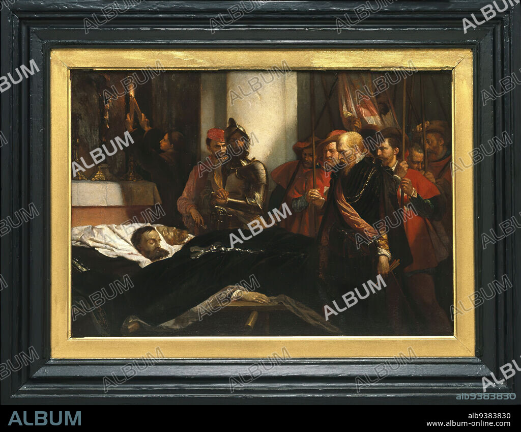 The Last Honors to Counts Egmont and Hoorne, reduction, Les derniers honneurs rendus aux Comtes d'Egmont et d'Hornes, réduction, Louis Gallait, Belgian, 1810-1887, Oil on panel, Belgium, 1859, 13 3/4 x 20 in., 34.9 x 50.8 cm, 1568, 1859, academic, armor, beard, bearded men, bed, Belgian, candles, Count, Count Egmont, counts, Counts Egmont and Hoorne, dead, death, death bed, Death scene, deathbed, decapitation, Dutch, Dutch history, Dutch revolt, dying, european, European Art, Filips van Montmorency, Gallait, Healy, historical, history painting, Hoorne, Lamoral of Egmont, last honors, last rites, Louis Gallait, medieval, Netherlands, oil, oil on panel, pageantry, Painting, Philip de Montmorency, taper, van Horne, Willem van Oranje, William of Orange.