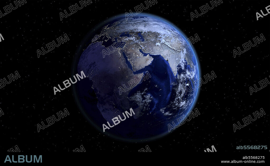 Planet Earth half night and half day with city lights and clouds in space with stars. Africa, Europe and Asia side.