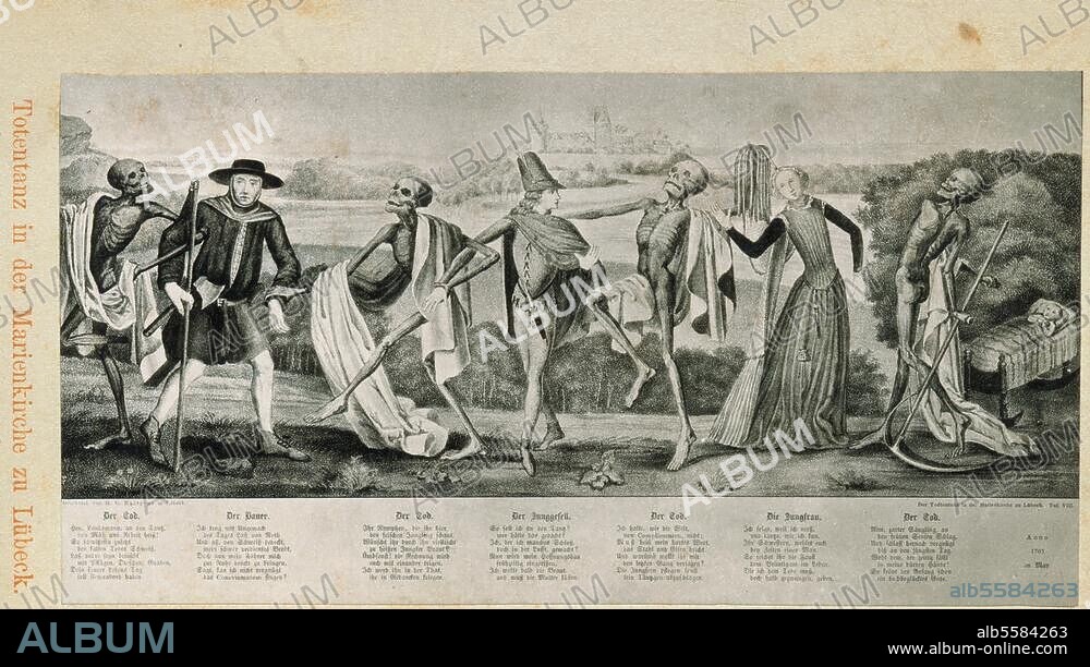 BERNT NOTKE. Notke, Bernt um 1440 - 1509. "Totentanz", um 1463/66. Ausschnitt: Bauer / Junggeselle /. Jungfrau. Lithographie nach Gemälde (Kopie, 1701, von Anton Wortmann). Ehem. Lübeck, Marienkirche, im 2. Weltkrieg zerstört.
