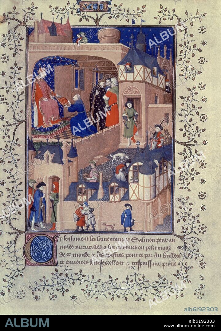 PIERRE SALMON ENTREGA EL LIBRO DE PARIS A CARLOS VI REY DE FRANCIA - MANUSCRITO SIGLO XV.