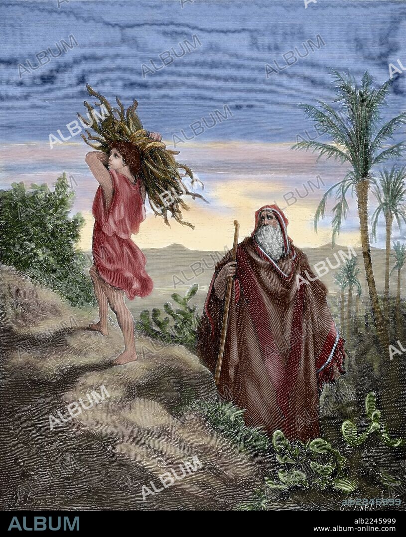 ANTIGUO TESTAMENTO. LIBRO DEL GENESIS. ABRAHAM. Patriarca del pueblo de Israel. ISAAC. Patriarca hebreo, hijo único de Abraham y Sara. "Abraham e Isaac llevando la leña para el sacrificio". Génesis. Capítulo XXII, versículo 13 al 8. Dibujo de Doré. Grabador Laplante. Siglo XIX. Coloreado.