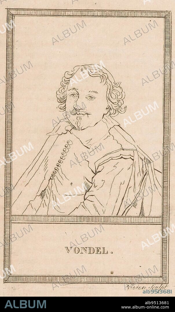 Portrait of Joost van den Vondel, print maker: Vivien, (mentioned on object), Jan Lievens, publisher: Charles Paul Landon, print maker: France, publisher: Paris, 1805 - 1811, paper, etching, h 117 mm - w 72 mm.