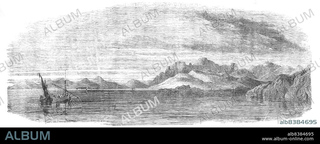 Kaffa Bay, 1854. Sketch by Lieutenant C. E. Gordon, Royal Engineers. 'The coast of the Crimea, as the scene of the operations of the Anglo-French troops [during the Crimean War], is at this moment a country of paramount interest. The Bay of Kaffa is one of the places reported as chosen for landing...A low sandy shore forms part of this bay, on the western side of which the town of Theodosia or Kaffa is built...Hagemeister, in his report on the Crimea, published in 1836, says, "The bay formed by the Black Sea at Theodosia is capable of giving shelter to a vast number of vessels, and is sheltered from the wind in all directions save the east; and even when the wind is in that quarter, partial security is afforded by the promontory at the entrance of the Gulf"'. From "Illustrated London News", 1854.