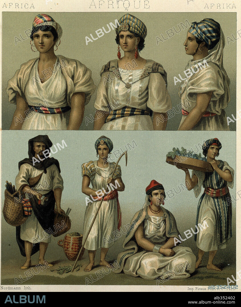 Algeria and Tunisia-Kabyle, Mzabite and Moresche women, travelling salesman from A.Racinet, Historical Costume, 1888.