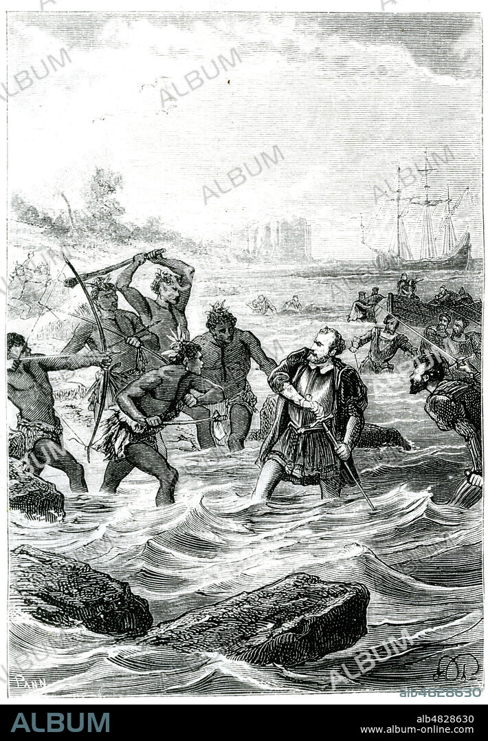 Mort de MAGELLAN (1480-1521) lors de la bataille de Mactan aux Philippines, contre les guerriers du chef Lapu-Lapu (16e, 16eme, XVIe s.) Gravure du 19eme siecle. Credit : Collection KHARBINE-TAPABOR.