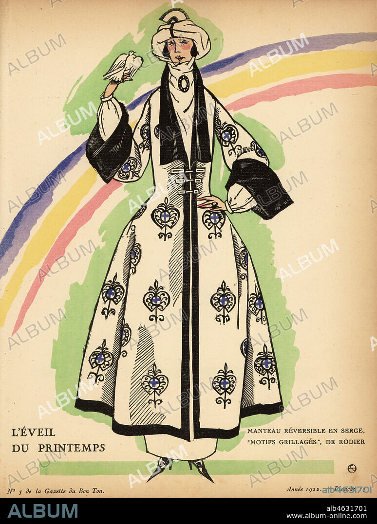 Woman with bird wearing a turban and reversible spring coat in printed serge fabric by Rodier. Leveil du printemps. Ce manteau reversible est fait en serge motifs grillages. Tissu de Rodier. Handcoloured pochoir lithograph by Fernand Simeon from Lucien Vogels Le Bon Genre: 100 Plates from Gazette du Bon Ton, Brentanos, Paris, 1922.